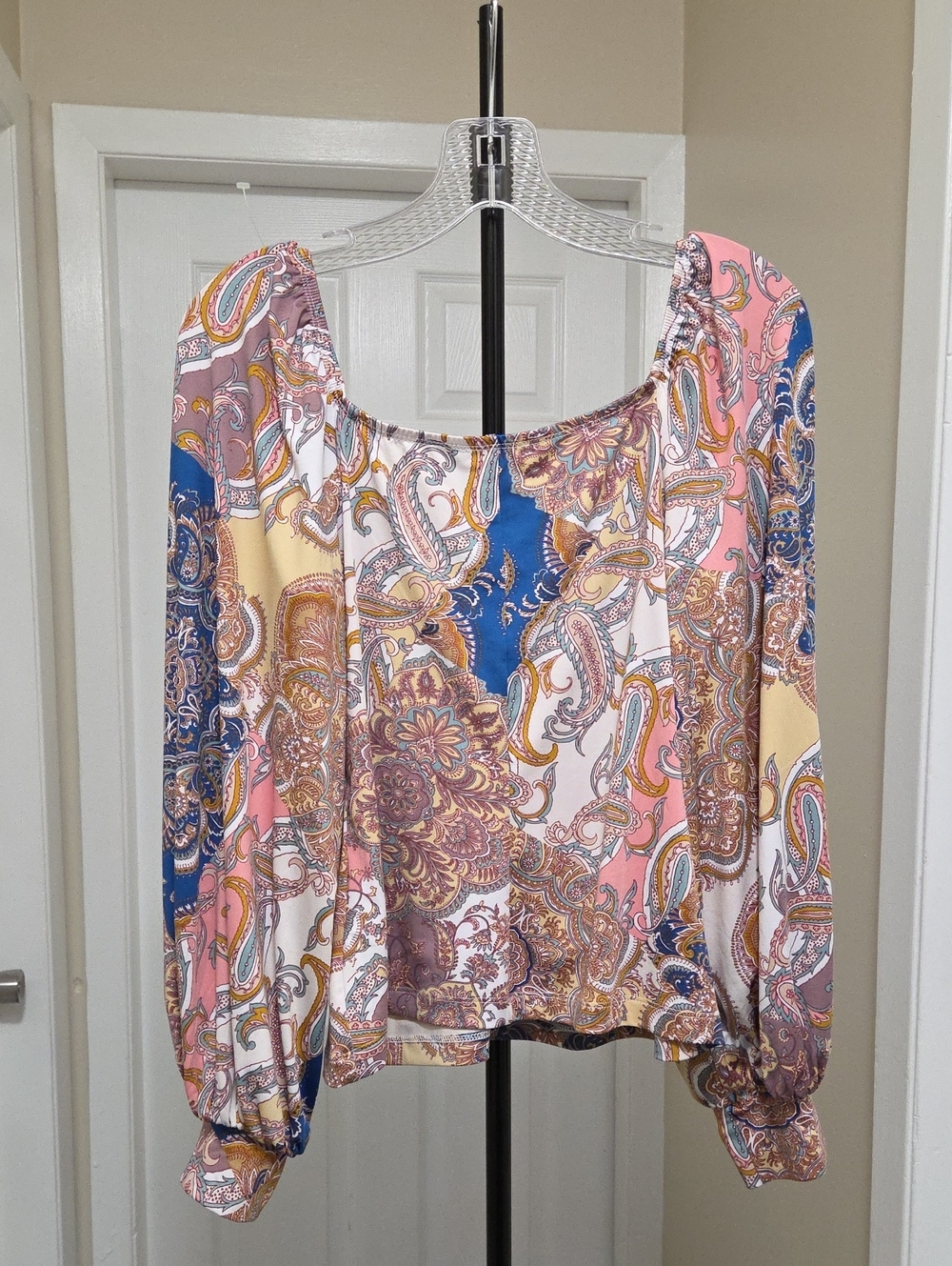 VENUS Paisley Smocked Peplum Blouse Blue Pink Gold Boho Cottagecore Romantic Top - Picture 8 of 9